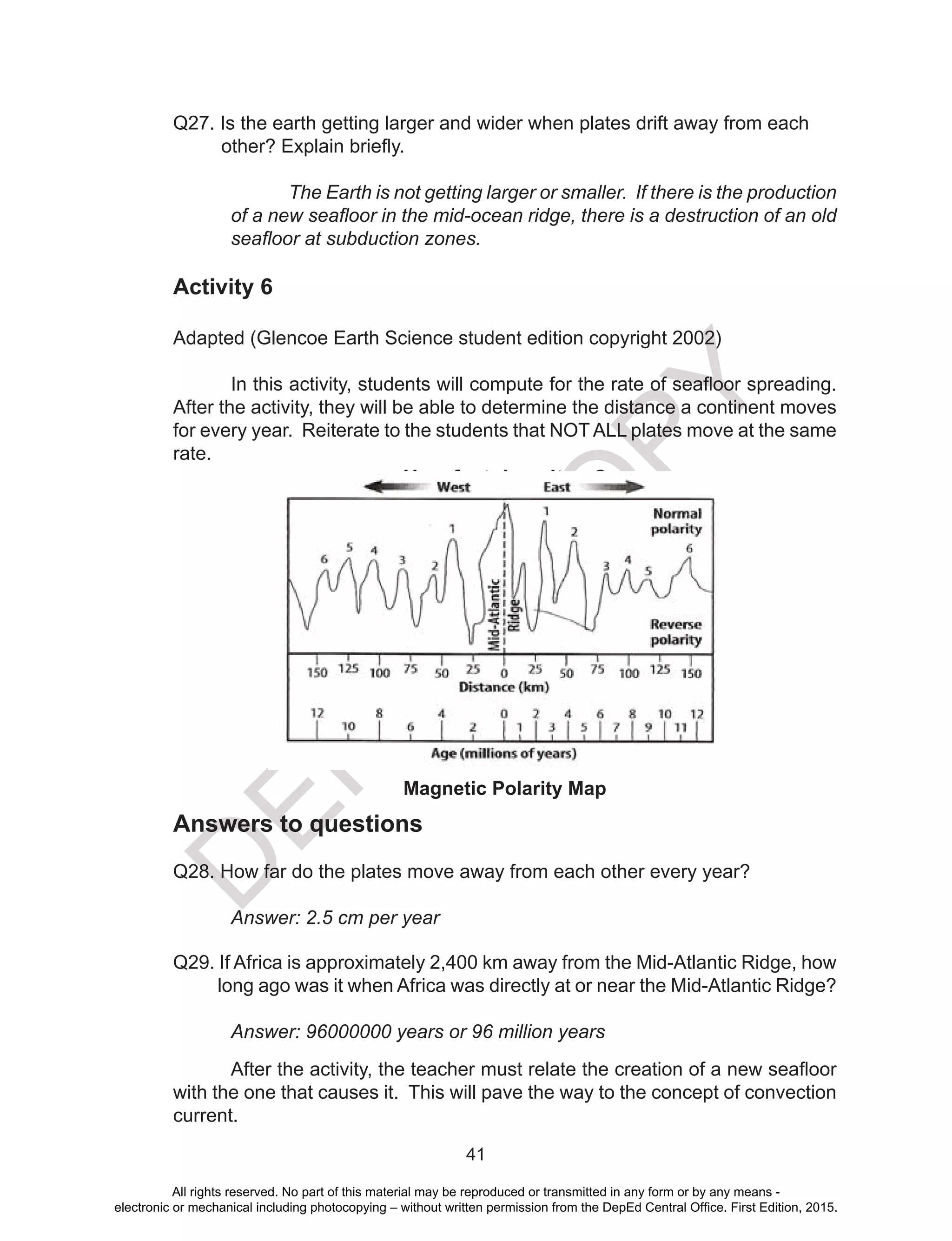 D
EPED
C
O
PY
41
Q27. Is the earth getting larger and wider when plates drift away from each 	
         other? Explain briefly.
The Earth is not getting larger or smaller. If there is the production
of a new seafloor in the mid-ocean ridge, there is a destruction of an old
seafloor at subduction zones.
Activity 6
Adapted (Glencoe Earth Science student edition copyright 2002)
In this activity, students will compute for the rate of seafloor spreading.  
After the activity, they will be able to determine the distance a continent moves
for every year. Reiterate to the students that NOT ALL plates move at the same
rate.
How fast does it go?
Magnetic Polarity Map
Answers to questions
Q28. How far do the plates move away from each other every year?
Answer: 2.5 cm per year
Q29. If Africa is approximately 2,400 km away from the Mid-Atlantic Ridge, how
long ago was it when Africa was directly at or near the Mid-Atlantic Ridge?
Answer: 96000000 years or 96 million years
After the activity, the teacher must relate the creation of a new seafloor
with the one that causes it. This will pave the way to the concept of convection
current.
All rights reserved. No part of this material may be reproduced or transmitted in any form or by any means -
electronic or mechanical including photocopying – without written permission from the DepEd Central Office. First Edition, 2015.
 