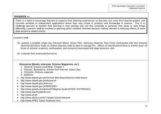 2010 Secondary Education Curriculum
                                                                                                                 Integrated Science



TRANSFER ++
 There is a need to encourage learners to organize their learning experiences so that they can move from teacher-guided and
 concrete activities to independent applications where they may create or produce new knowledge in science. This is to
 challenge learners to transfer their learning in new settings and use this creatively to generate new ideas or view things
 differently. Learners shall be involved in planning which manifest informed decision making relevant to reducing effects of some
 plate tectonics-related events.

Learners shall:

   45. prepare a tangible output (eg. Decision Matrix, Action Plan, Advocacy Material, Flow Chart, Earthquake drill, etc) showing
      informed decisions made on actions learners need to take to manage the effects of natural phenomena or events (such as
      those of volcanic eruptions, earthquakes, and tsunamis) associated with plate tectonics; and

   46. evaluate their product/performance.



       Resources (Books, Interview, Science Magazines, etc.)
        1. Glencoe Science Level Blue, Chapter 7
        2. Pictures, Illustrations, Articles from Internet, Video Clips
        3. PAGASA, Philvocs materials
        4. Weblinks
   •    http://www.deped.gov.ph/iSchool Web Board/Science Web Board
   •    http://www.deped.gov.ph/skoool.ph
   •    http://www.deped.gov.ph/e-turo
   •    http://www.deped.gov.ph/BSE/iDEP
   •    http://www.pjoedu.wordpress/Philippine Studies/FREE TEXTBOOKS
   •    http://www.teacherplanet.com
   •    http://www.pil.ph
   •    http://www.alcob.com/ICT Model School Network
   •    http://www.APEC Cyber Academy.com

                                                                                                                                      10
 
