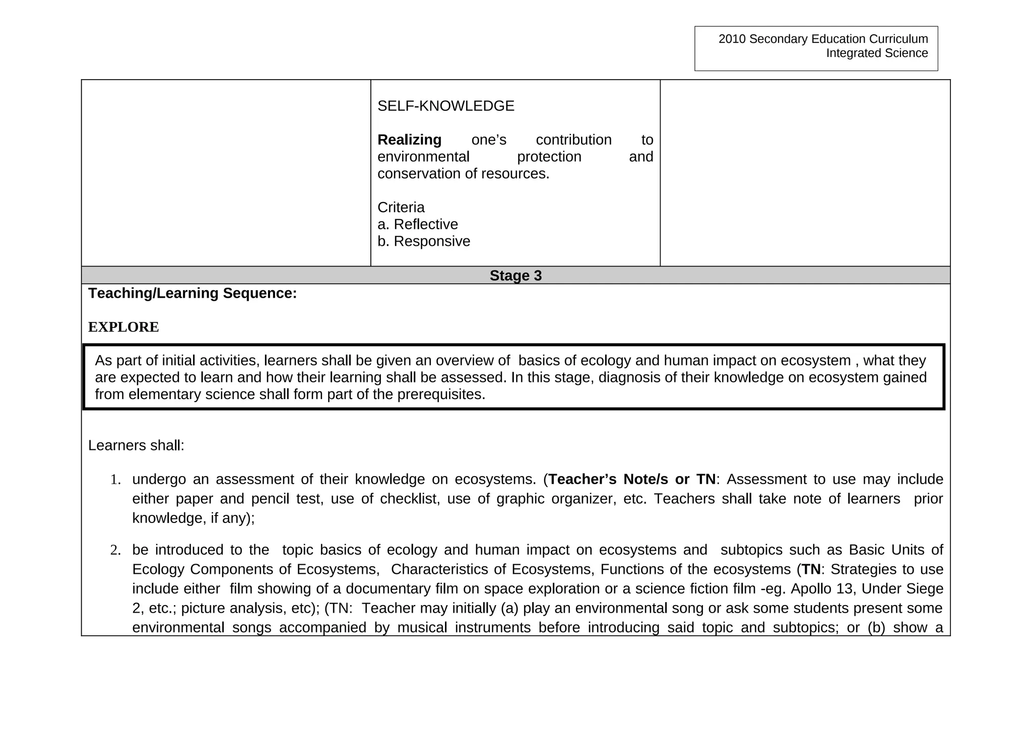 2010 Secondary Education Curriculum
                                                                                                                  Integrated Science



                                            SELF-KNOWLEDGE

                                            Realizing     one’s     contribution     to
                                            environmental        protection        and
                                            conservation of resources.

                                            Criteria
                                            a. Reflective
                                            b. Responsive

                                                              Stage 3
Teaching/Learning Sequence:

EXPLORE

 As part of initial activities, learners shall be given an overview of basics of ecology and human impact on ecosystem , what they
 are expected to learn and how their learning shall be assessed. In this stage, diagnosis of their knowledge on ecosystem gained
 from elementary science shall form part of the prerequisites.


Learners shall:

   1. undergo an assessment of their knowledge on ecosystems. (Teacher’s Note/s or TN: Assessment to use may include
      either paper and pencil test, use of checklist, use of graphic organizer, etc. Teachers shall take note of learners prior
      knowledge, if any);

   2. be introduced to the topic basics of ecology and human impact on ecosystems and subtopics such as Basic Units of
      Ecology Components of Ecosystems, Characteristics of Ecosystems, Functions of the ecosystems (TN: Strategies to use
      include either film showing of a documentary film on space exploration or a science fiction film -eg. Apollo 13, Under Siege
      2, etc.; picture analysis, etc); (TN: Teacher may initially (a) play an environmental song or ask some students present some
      environmental songs accompanied by musical instruments before introducing said topic and subtopics; or (b) show a
 