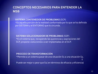 CONCEPTOS NECESARIOS PARA ENTENDER LA
MSB

 SISTEMA CONTENEDOR DE PROBLEMAS (SCP)
 *Es aquella porción de la realidad conformada por lo que se ha definido
 por SISTEMA y el ENTORNO que lo circunda.



 SISTEMA SOLUCIONADOR DE PROBLEMAS (SSP)
 *Es el sistema que, recogiendo las querencias y aspiraciones del
 SCP, propone «soluciones» a ser implantadas en el SCP.



 PROCESO DE TRANSFORMACIÓN
 *Permite a un sistema pasar de una situación S1 a una situación S2.

 Puede ser mejor o peor que S1( en términos de eficacia y eficiencia)


                                                                           45
 