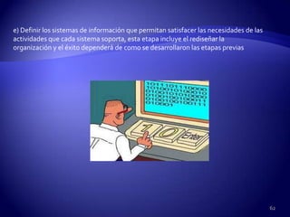 e) Definir los sistemas de información que permitan satisfacer las necesidades de las
actividades que cada sistema soporta, esta etapa incluye el rediseñar la
organización y el éxito dependerá de como se desarrollaron las etapas previas




                                                                                        62
 