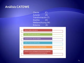 Análisis CATDWE
                  Cliente      (C)
                  Actores      (A)
                  Transformación (T)
                  Dueños       (D)
                  Weltanschuung (W)
                  Entorno       (E)




                                       64
 