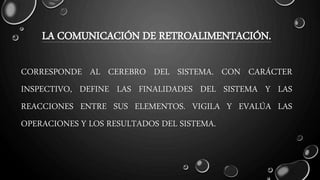 LA COMUNICACIÓN DE RETROALIMENTACIÓN.
CORRESPONDE AL CEREBRO DEL SISTEMA. CON CARÁCTER
INSPECTIVO, DEFINE LAS FINALIDADES DEL SISTEMA Y LAS
REACCIONES ENTRE SUS ELEMENTOS. VIGILA Y EVALÚA LAS
OPERACIONES Y LOS RESULTADOS DEL SISTEMA.
 