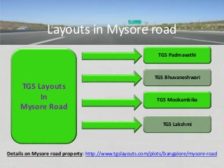 TGS Layouts
In
Mysore Road
TGS Padmavathi
TGS Bhuvaneshwari
TGS Mookambika
TGS Lakshmi
Layouts in Mysore road
Details on Mysore road property: http://www.tgslayouts.com/plots/bangalore/mysore-road
 