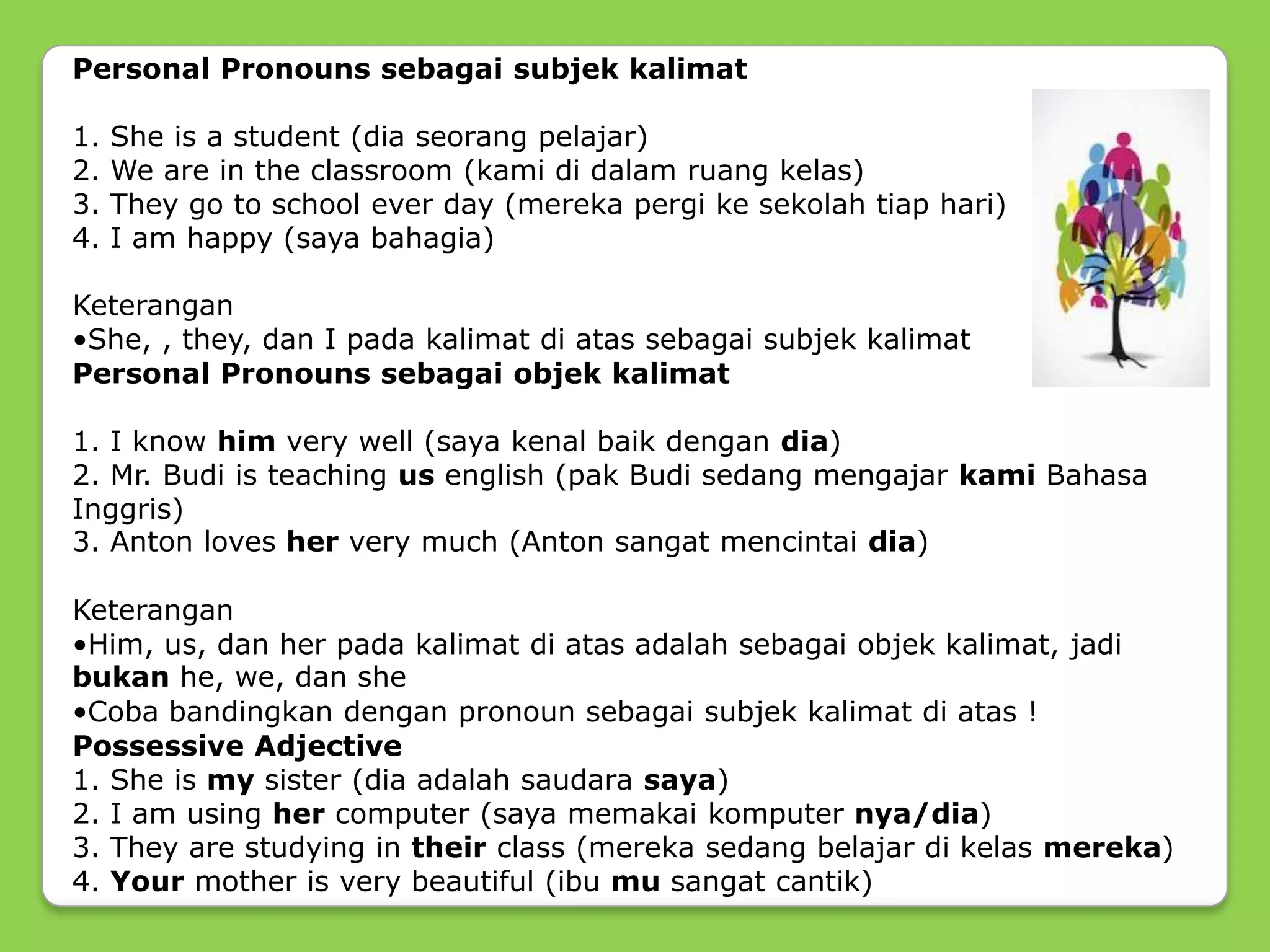Personal Pronouns sebagai subjek kalimat
1. She is a student (dia seorang pelajar)
2. We are in the classroom (kami di dalam ruang kelas)
3. They go to school ever day (mereka pergi ke sekolah tiap hari)
4. I am happy (saya bahagia)
Keterangan
•She, , they, dan I pada kalimat di atas sebagai subjek kalimat
Personal Pronouns sebagai objek kalimat
1. I know him very well (saya kenal baik dengan dia)
2. Mr. Budi is teaching us english (pak Budi sedang mengajar kami Bahasa
Inggris)
3. Anton loves her very much (Anton sangat mencintai dia)
Keterangan
•Him, us, dan her pada kalimat di atas adalah sebagai objek kalimat, jadi
bukan he, we, dan she
•Coba bandingkan dengan pronoun sebagai subjek kalimat di atas !
Possessive Adjective
1. She is my sister (dia adalah saudara saya)
2. I am using her computer (saya memakai komputer nya/dia)
3. They are studying in their class (mereka sedang belajar di kelas mereka)
4. Your mother is very beautiful (ibu mu sangat cantik)
 