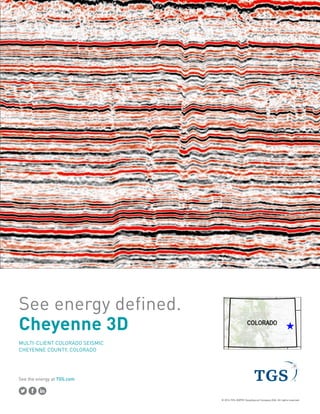 See the energy at TGS.com
Spec sheet
Click to place
your Image
CHEYENNE 3D
MULTI-CLIENT 3D SURVEY 697.6 mi2
Cheyenne and Kiowa Counties, Colorado
 