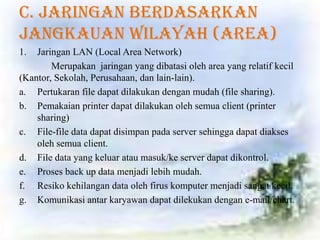 c. Jaringan berdasarkan
jangkauan wilayah (area)
1.  Jaringan LAN (Local Area Network)
        Merupakan jaringan yang dibatasi oleh area yang relatif kecil
(Kantor, Sekolah, Perusahaan, dan lain-lain).
a. Pertukaran file dapat dilakukan dengan mudah (file sharing).
b. Pemakaian printer dapat dilakukan oleh semua client (printer
    sharing)
c. File-file data dapat disimpan pada server sehingga dapat diakses
    oleh semua client.
d. File data yang keluar atau masuk/ke server dapat dikontrol.
e. Proses back up data menjadi lebih mudah.
f. Resiko kehilangan data oleh firus komputer menjadi sangat kecil.
g. Komunikasi antar karyawan dapat dilekukan dengan e-mail/chart.
 