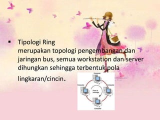  Tipologi Ring
  merupakan topologi pengembangan dan
  jaringan bus, semua workstation dan server
  dihungkan sehingga terbentuk pola
   lingkaran/cincin.
 