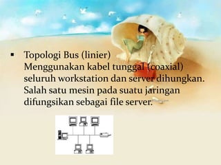  Topologi Bus (linier)
  Menggunakan kabel tunggal (coaxial)
  seluruh workstation dan server dihungkan.
  Salah satu mesin pada suatu jaringan
  difungsikan sebagai file server.
 