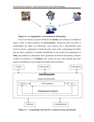 Teoria Geral de Sistemas – Prof. Antonio Rosa e Prof. João Domingos




       Figura 1.4 - As organizações e seus Sistemas de Informações
       Por ser um sistema, ele possui elementos de entrada, que realizam as atividades de
captar e juntar os dados primários; de processamento, responsáveis pela conversão ou
transformação dos dados em informação, cabe ressalvar que o processamento pode
envolver cálculos, comparações e tomada de ações, assim como, a armazenagem de dados
para uso futuro, podendo ser realizado manualmente ou com auxílio de computadores; de
saída, que produzem as informações úteis, geralmente na forma de documentos, relatórios
e dados de transações; e de feedback, que consiste em uma saída utilizada para fazer
ajustes ou modificações nas atividades de entrada ou processamento.

   Clientes                       Concorrentes                             Fornecedores



                                  ORGANIZAÇÃO

                                 Sistema de Informação

          Entrada                     Processamento                       Saída




                                 Realimentação (feedback)




                    Acionistas                         Ag.Reguladoras


       Figura 1.5 – A organização como um SI e o contexto em que está inserido


                                                                                      11
 