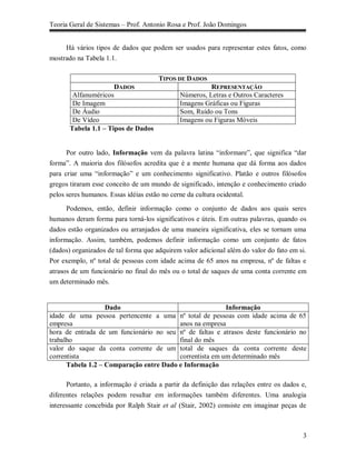 Teoria Geral de Sistemas – Prof. Antonio Rosa e Prof. João Domingos


     Há vários tipos de dados que podem ser usados para representar estes fatos, como
mostrado na Tabela 1.1.

                                      TIPOS DE DADOS
                      DADOS                            REPRESENTAÇÃO
        Alfanuméricos                        Números, Letras e Outros Caracteres
        De Imagem                            Imagens Gráficas ou Figuras
        De Áudio                             Som, Ruído ou Tons
        De Vídeo                             Imagens ou Figuras Móveis
       Tabela 1.1 – Tipos de Dados


      Por outro lado, Informação vem da palavra latina “informare”, que significa “dar
forma”. A maioria dos filósofos acredita que é a mente humana que dá forma aos dados
para criar uma “informação” e um conhecimento significativo. Platão e outros filósofos
gregos tiraram esse conceito de um mundo de significado, intenção e conhecimento criado
pelos seres humanos. Essas idéias estão no cerne da cultura ocidental.

      Podemos, então, definir informação como o conjunto de dados aos quais seres
humanos deram forma para torná-los significativos e úteis. Em outras palavras, quando os
dados estão organizados ou arranjados de uma maneira significativa, eles se tornam uma
informação. Assim, também, podemos definir informação como um conjunto de fatos
(dados) organizados de tal forma que adquirem valor adicional além do valor do fato em si.
Por exemplo, nº total de pessoas com idade acima de 65 anos na empresa, nº de faltas e
atrasos de um funcionário no final do mês ou o total de saques de uma conta corrente em
um determinado mês.


                   Dado                                  Informação
idade de uma pessoa pertencente a uma nº total de pessoas com idade acima de 65
empresa                                  anos na empresa
hora de entrada de um funcionário no seu nº de faltas e atrasos deste funcionário no
trabalho                                 final do mês
valor do saque da conta corrente de um total de saques da conta corrente deste
correntista                              correntista em um determinado mês
      Tabela 1.2 – Comparação entre Dado e Informação

      Portanto, a informação é criada a partir da definição das relações entre os dados e,
diferentes relações podem resultar em informações também diferentes. Uma analogia
interessante concebida por Ralph Stair et al (Stair, 2002) consiste em imaginar peças de



                                                                                        3
 