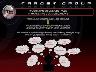 Their
pains
Their fears
Their
worries
Their
problems
Their interests
Their
frustrations
Their
challenges Their
troubles
Their
difficulties
“YOUR NUMBER ONE OBSTACLE
IN MARKETING COMMUNICATIONS
YOUR MAJOR MARKETING/SELLING OBSTACLE
YOUR PROSPECT‟S PREOCCUPATION BARRIER!
YOU HAVE COMPETITION FOR YOUR MESSAGES
Your audience is exposed to approximately 2500 marketing messages a day!
What are your prospects thinking about? – Themselves!
 