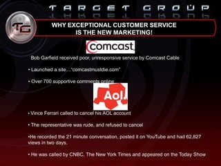 WHY EXCEPTIONAL CUSTOMER SERVICE
IS THE NEW MARKETING!
• Bob Garfield received poor, unresponsive service by Comcast Cable
• Launched a site…“comcastmustdie.com”
• Over 700 supportive comments online
• Vince Ferrari called to cancel his AOL account
• The representative was rude, and refused to cancel
•He recorded the 21 minute conversation, posted it on YouTube and had 62,827
views in two days.
• He was called by CNBC, The New York Times and appeared on the Today Show
 
