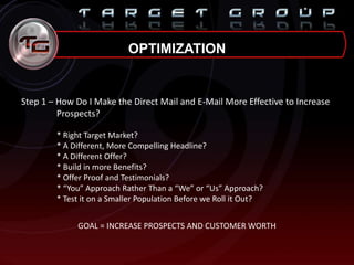 OPTIMIZATION
Step 1 – How Do I Make the Direct Mail and E-Mail More Effective to Increase
Prospects?
* Right Target Market?
* A Different, More Compelling Headline?
* A Different Offer?
* Build in more Benefits?
* Offer Proof and Testimonials?
* “You” Approach Rather Than a “We” or “Us” Approach?
* Test it on a Smaller Population Before we Roll it Out?
GOAL = INCREASE PROSPECTS AND CUSTOMER WORTH
 