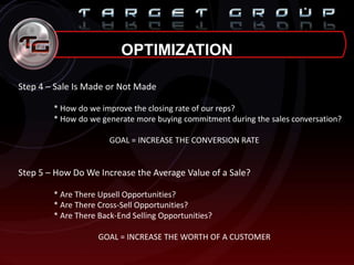 OPTIMIZATION
Step 4 – Sale Is Made or Not Made
* How do we improve the closing rate of our reps?
* How do we generate more buying commitment during the sales conversation?
GOAL = INCREASE THE CONVERSION RATE
Step 5 – How Do We Increase the Average Value of a Sale?
* Are There Upsell Opportunities?
* Are There Cross-Sell Opportunities?
* Are There Back-End Selling Opportunities?
GOAL = INCREASE THE WORTH OF A CUSTOMER
 