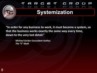 8
Systemization
“In order for any business to work, it must become a system, so
that the business works exactly the same way every time,
down to the very last detail.”
Michael Gerber-Consultant Author,
The “E” Myth
 
