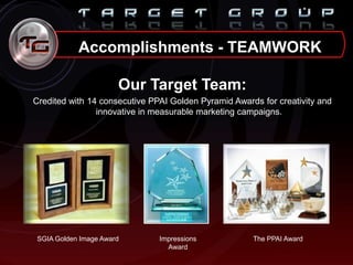 Accomplishments - TEAMWORK
Our Target Team:
Credited with 14 consecutive PPAI Golden Pyramid Awards for creativity and
innovative in measurable marketing campaigns.
SGIA Golden Image Award Impressions
Award
The PPAI Award
 