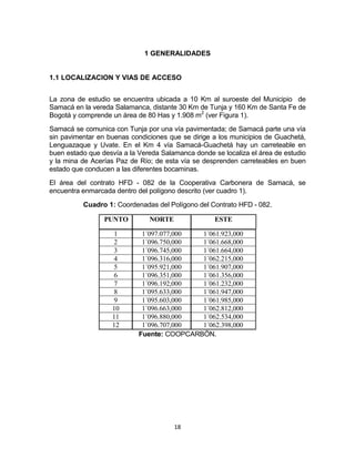 18
1 GENERALIDADES
1.1 LOCALIZACION Y VIAS DE ACCESO
La zona de estudio se encuentra ubicada a 10 Km al suroeste del Municipio de
Samacá en la vereda Salamanca, distante 30 Km de Tunja y 160 Km de Santa Fe de
Bogotá y comprende un área de 80 Has y 1.908 m2
(ver Figura 1).
Samacá se comunica con Tunja por una vía pavimentada; de Samacá parte una vía
sin pavimentar en buenas condiciones que se dirige a los municipios de Guachetá,
Lenguazaque y Uvate. En el Km 4 vía Samacá-Guachetá hay un carreteable en
buen estado que desvía a la Vereda Salamanca donde se localiza el área de estudio
y la mina de Acerías Paz de Río; de esta vía se desprenden carreteables en buen
estado que conducen a las diferentes bocaminas.
El área del contrato HFD - 082 de la Cooperativa Carbonera de Samacá, se
encuentra enmarcada dentro del polígono descrito (ver cuadro 1).
Cuadro 1: Coordenadas del Polígono del Contrato HFD - 082.
PUNTO NORTE ESTE
1 1´097.077,000 1´061.923,000
2 1´096.750,000 1´061.668,000
3 1´096.745,000 1´061.664,000
4 1´096.316,000 1´062.215,000
5 1´095.921,000 1´061.907,000
6 1´096.351,000 1´061.356,000
7 1´096.192,000 1´061.232,000
8 1´095.633,000 1´061.947,000
9 1´095.603,000 1´061.985,000
10 1´096.663,000 1´062.812,000
11 1´096.880,000 1´062.534,000
12 1´096.707,000 1´062.398,000
Fuente: COOPCARBÖN.
 