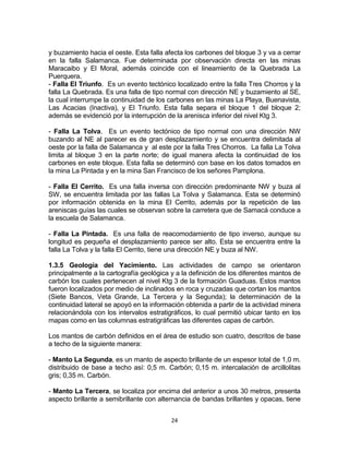 24
y buzamiento hacia el oeste. Esta falla afecta los carbones del bloque 3 y va a cerrar
en la falla Salamanca. Fue determinada por observación directa en las minas
Maracaibo y El Moral, además coincide con el lineamiento de la Quebrada La
Puerquera.
- Falla El Triunfo. Es un evento tectónico localizado entre la falla Tres Chorros y la
falla La Quebrada. Es una falla de tipo normal con dirección NE y buzamiento al SE,
la cual interrumpe la continuidad de los carbones en las minas La Playa, Buenavista,
Las Acacias (Inactiva), y El Triunfo. Esta falla separa el bloque 1 del bloque 2;
además se evidenció por la interrupción de la arenisca inferior del nivel Ktg 3.
- Falla La Tolva. Es un evento tectónico de tipo normal con una dirección NW
buzando al NE al parecer es de gran desplazamiento y se encuentra delimitada al
oeste por la falla de Salamanca y al este por la falla Tres Chorros. La falla La Tolva
limita al bloque 3 en la parte norte; de igual manera afecta la continuidad de los
carbones en este bloque. Esta falla se determinó con base en los datos tomados en
la mina La Pintada y en la mina San Francisco de los señores Pamplona.
- Falla El Cerrito. Es una falla inversa con dirección predominante NW y buza al
SW, se encuentra limitada por las fallas La Tolva y Salamanca. Esta se determinó
por información obtenida en la mina El Cerrito, además por la repetición de las
areniscas guías las cuales se observan sobre la carretera que de Samacá conduce a
la escuela de Salamanca.
- Falla La Pintada. Es una falla de reacomodamiento de tipo inverso, aunque su
longitud es pequeña el desplazamiento parece ser alto. Esta se encuentra entre la
falla La Tolva y la falla El Cerrito, tiene una dirección NE y buza al NW.
1.3.5 Geología del Yacimiento. Las actividades de campo se orientaron
principalmente a la cartografía geológica y a la definición de los diferentes mantos de
carbón los cuales pertenecen al nivel Ktg 3 de la formación Guaduas. Estos mantos
fueron localizados por medio de inclinados en roca y cruzadas que cortan los mantos
(Siete Bancos, Veta Grande, La Tercera y la Segunda); la determinación de la
continuidad lateral se apoyó en la información obtenida a partir de la actividad minera
relacionándola con los intervalos estratigráficos, lo cual permitió ubicar tanto en los
mapas como en las columnas estratigráficas las diferentes capas de carbón.
Los mantos de carbón definidos en el área de estudio son cuatro, descritos de base
a techo de la siguiente manera:
- Manto La Segunda, es un manto de aspecto brillante de un espesor total de 1,0 m.
distribuido de base a techo así: 0,5 m. Carbón; 0,15 m. intercalación de arcillolitas
gris; 0,35 m. Carbón.
- Manto La Tercera, se localiza por encima del anterior a unos 30 metros, presenta
aspecto brillante a semibrillante con alternancia de bandas brillantes y opacas, tiene
 