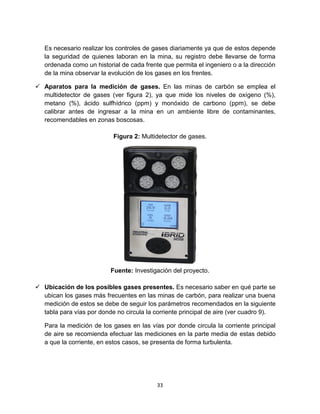 33
Es necesario realizar los controles de gases diariamente ya que de estos depende
la seguridad de quienes laboran en la mina, su registro debe llevarse de forma
ordenada como un historial de cada frente que permita el ingeniero o a la dirección
de la mina observar la evolución de los gases en los frentes.
 Aparatos para la medición de gases. En las minas de carbón se emplea el
multidetector de gases (ver figura 2), ya que mide los niveles de oxígeno (%),
metano (%), ácido sulfhídrico (ppm) y monóxido de carbono (ppm), se debe
calibrar antes de ingresar a la mina en un ambiente libre de contaminantes,
recomendables en zonas boscosas.
Figura 2: Multidetector de gases.
Fuente: Investigación del proyecto.
 Ubicación de los posibles gases presentes. Es necesario saber en qué parte se
ubican los gases más frecuentes en las minas de carbón, para realizar una buena
medición de estos se debe de seguir los parámetros recomendados en la siguiente
tabla para vías por donde no circula la corriente principal de aire (ver cuadro 9).
Para la medición de los gases en las vías por donde circula la corriente principal
de aire se recomienda efectuar las mediciones en la parte media de estas debido
a que la corriente, en estos casos, se presenta de forma turbulenta.
 