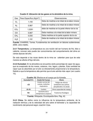 34
Cuadro 9: Ubicación de los gases en la atmósfera de la mina.
Gas Peso Específico (Kg/m3
) Observaciones
O2 1,105 Debe de medirse a la mitad de la labor minera
N2 0,967 Debe de medirse a la mitad de la labor minera
CO2 1,5291 debe de medirse en la parte inferior de la vía
CO 0,967 Debe medirse a la mitad de la labor minera
CH4 0,555 Debe medirse en la parte superior de la vía
H2S 1,191
Debe de medirse a la mitad de la labor minera
Fuente: CHARRIS, Tomas. Fundamentos de ventilación en labores subterráneas.
2006. Libro inédito.
2.4.1 Temperatura. La temperatura es una noción del ser humano de frio, tibio o
caliente, conocer esto puede dar conocimientos del comportamiento del clima en
ciertas épocas del año.
De esta depende si las rocas dentro de la mina se calientan para que de esta
manera se afecte el flujo del aire.
2.4.2 Humedad. En la atmosfera se encuentra cierto porcentaje de vapor de agua,
que es evaporado de los mares, océanos, ríos, lagos y plantas. Esta cantidad de
vapor que es absorbido por el aire va directamente proporcional a la temperatura.
Debido a que la temperatura alta permite que el aire admita más vapor (ver cuadro
10).
Cuadro 10: Efectos en el cuerpo por la húmeda.
Humedad R % Estado Del Cuerpo Efecto
<25
Estado normal del
cuerpo, molestias
respiratoria
Peligro de silicosis
(ambiente seco polvos
perjudiciales a la salud)
25-70 Confort Plena capacidad de trabajo
70>
Aumento de la
temperatura corporal Trastornos fisiológico
Fuente: Wikipedia, Enciclopedia libre. Pág. 42.
2.4.3 Clima. Se define como la influencia de la temperatura ambiente, de la
radiación térmica y de la velocidad del aire sobre el bienestar y la capacidad de
rendimiento del personal según Joachim Voss.
 