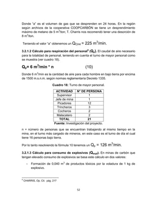 52
Donde “a” es el volumen de gas que se desprenden en 24 horas. En la región
según archivos de la cooperativa COOPCARBÖN se tiene un desprendimiento
máximo de metano de 5 m3
/ton; T. Charris nos recomendó tener una desorción de
8 m3
/ton.
Teniendo el valor “a” obtenemos un QCH4 = 225 m3
/min.
3.2.1.2 Cálculo para respiración del personal5
(Qp). El caudal de aire necesario
para la totalidad de personal, teniendo en cuenta el turno de mayor personal como
se muestra (ver cuadro 18).
Qp= 6 m3
/min * n (10)
Donde 6 m3
/min es la cantidad de aire para cada hombre en bajo tierra por encima
de 1500 m.s.n.m. según normas reglamentaría Decreto 1335.
Cuadro 18: Turno de mayor personal.
ACTIVIDAD N° DE PERSONA
Supervisor 1
Jefe de mina 1
Picadores 12
Trincheros 3
Cocheros 2
Malacatero 2
TOTAL 21
Fuente: Investigación del proyecto.
n = número de personas que se encuentran trabajando al mismo tiempo en la
mina, en el turno más cargado de mineros, en este caso es el turno de día el cual
tiene 16 personas bajo tierra.
Por lo tanto resolviendo la fórmula 10 tenemos un Qp = 126 m3
/min.
3.2.1.3 Cálculo para consumo de explosivos (Qexpl). En minas de carbón que
tengan elevado consumo de explosivos se basa este cálculo en dos valores:
- Formación de 0,040 m3
de productos tóxicos por la voladura de 1 kg de
explosivo.
5
CHARRIS, Op. Cit. pág. 217
 