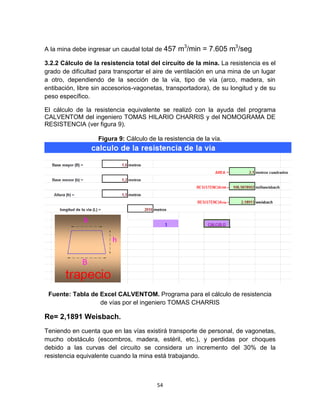 54
A la mina debe ingresar un caudal total de 457 m3
/min = 7.605 m3
/seg
3.2.2 Cálculo de la resistencia total del circuito de la mina. La resistencia es el
grado de dificultad para transportar el aire de ventilación en una mina de un lugar
a otro, dependiendo de la sección de la vía, tipo de vía (arco, madera, sin
entibación, libre sin accesorios-vagonetas, transportadora), de su longitud y de su
peso específico.
El cálculo de la resistencia equivalente se realizó con la ayuda del programa
CALVENTOM del ingeniero TOMAS HILARIO CHARRIS y del NOMOGRAMA DE
RESISTENCIA (ver figura 9).
Figura 9: Cálculo de la resistencia de la vía.
Fuente: Tabla de Excel CALVENTOM. Programa para el cálculo de resistencia
de vías por el ingeniero TOMAS CHARRIS
Re= 2,1891 Weisbach.
Teniendo en cuenta que en las vías existirá transporte de personal, de vagonetas,
mucho obstáculo (escombros, madera, estéril, etc.), y perdidas por choques
debido a las curvas del circuito se considera un incremento del 30% de la
resistencia equivalente cuando la mina está trabajando.
 