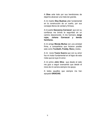 6
A Dios ante todo por sus bendiciones de
dejarme alcanzar una meta tan grande.
A mi madre Elsa Buelvas pilar fundamental
en la construcción de un sueño, por sus
consejos llenos de verdad y firmeza.
A mi padre Geovanny Carrascal que con su
confianza me brindo la seguridad en un
camino desconocido. A mis hermano Jorge
rojas, Johana Carrascal y demás
familiares.
A mi amiga Wendy Muñoz con una amistad
firme, a compañeros que hicieron posible
esto como Yunibeth, Freddy, Rene y todos.
A mi novia Yusne Guerra que con su amor
fue mi motor fundamental en el logro de esta
meta que es tuya mi amor.
A mi primo John Silva que desde el cielo
me guio a seguir avanzando que desde el
inicio de mi carrera siempre me apoyo.
A todos aquellos que siempre me han
apoyado GRACIAS.
 