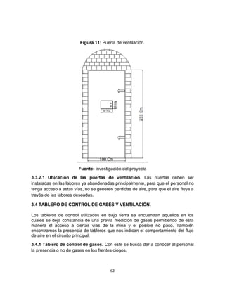 62
Figura 11: Puerta de ventilación.
Fuente: investigación del proyecto
3.3.2.1 Ubicación de las puertas de ventilación. Las puertas deben ser
instaladas en las labores ya abandonadas principalmente, para que el personal no
tenga acceso a estas vías, no se generen perdidas de aire, para que el aire fluya a
través de las labores deseadas.
3.4 TABLERO DE CONTROL DE GASES Y VENTILACIÓN.
Los tableros de control utilizados en bajo tierra se encuentran aquellos en los
cuales se deja constancia de una previa medición de gases permitiendo de esta
manera el acceso a ciertas vías de la mina y el posible no paso. También
encontramos la presencia de tableros que nos indican el comportamiento del flujo
de aire en el circuito principal.
3.4.1 Tablero de control de gases. Con este se busca dar a conocer al personal
la presencia o no de gases en los frentes ciegos.
 