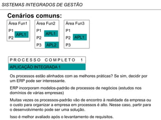SISTEMAS INTEGRADOS DE GESTÃO

  Cenários comuns:
  Área Fun1     Área Fun2       Área Fun3
  P1            P1              P1
       APL1          APL1
  P2            P2              P2 APL1
                P3    APL2      P3


  PROCESSO           COMPLETO           1
  APLICAÇÃO INTEGRADA 1

  Os processos estão alinhados com as melhores práticas? Se sim, decidir por
  um ERP pode ser interessante.
  ERP incorporam modelos-padrão de processos de negócios (estudos nos
  domínios de várias empresas)
  Muitas vezes os processos-padrão vão de encontro à realidade da empresa ou
  o custo para organizar a empresa em processos é alto. Nesse caso, partir para
  o desenvolvimento pode ser uma solução.
  Isso é melhor avaliado após o levantamento de requisitos.
 