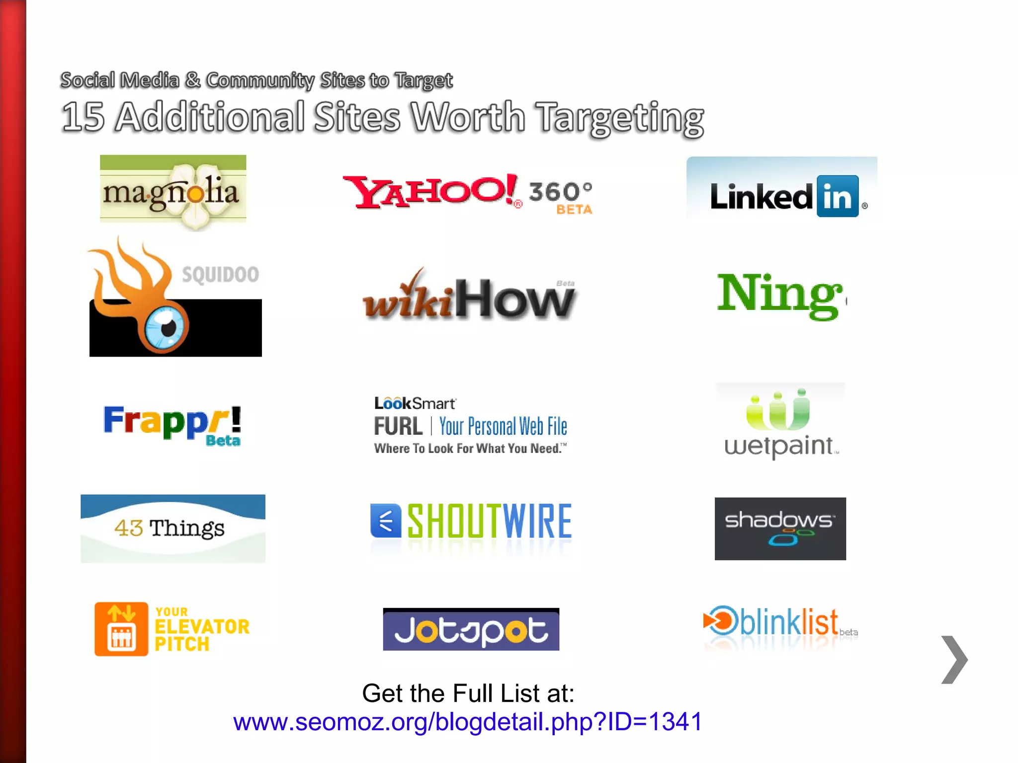 Get the Full List at:
www.seomoz.org/blogdetail.php?ID=1341
 