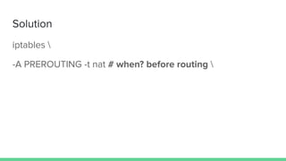 Solution
iptables 
-A PREROUTING -t nat # when? before routing 
 