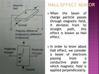  When the beam of
charge particle passes
through magnetic field,
it deviates from its
straight path, this
effect is known as Hall
effect.
 In order to know about
Hall effect, we consider
a beam of electrons
passing from a
conductive plate on
which magnetic field is
applied perpendicularly.
 