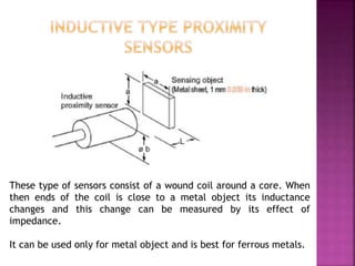 These type of sensors consist of a wound coil around a core. When
then ends of the coil is close to a metal object its inductance
changes and this change can be measured by its effect of
impedance.
It can be used only for metal object and is best for ferrous metals.
 