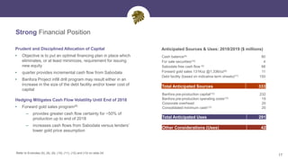17
Prudent and Disciplined Allocation of Capital
• Objective is to put an optimal financing plan in place which
eliminates, or at least minimizes, requirement for issuing
new equity
• quarter provides incremental cash flow from Sabodala
• Banfora Project infill drill program may result either in an
increase in the size of the debt facility and/or lower cost of
capital
Hedging Mitigates Cash Flow Volatility Until End of 2018
• Forward gold sales program(8)
– provides greater cash flow certainty for ~50% of
production up to end of 2018
– increases cash flows from Sabodala versus lenders’
lower gold price assumption
Strong Financial Position
Banfora pre-production capital(12) 232
Banfora pre-production operating costs(12) 19
Corporate overhead 20
Consolidated minimum cash(13) 20
Total Anticipated Uses 291
Cash balance(9) 80
For sale securities(10) 4
Sabodala free cash flow (5) 88
Forward gold sales 131Koz @1,336/oz(8) 11
Debt facility (based on indicative term sheets)(11) 150
Total Anticipated Sources 333
Anticipated Sources & Uses: 2018/2019 ($ millions)
Other Considerations (Uses) 42
Refer to Endnotes (5), (8), (9), (10), (11), (12) and (13) on slide 24
 