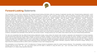 Forward-Looking Statements
2
This presentation contains certain statements that constitute forward-looking information within the meaning of applicable securities laws (“forward-looking statements”), which
reflects management’s expectations regarding Teranga Gold Corporation’s (“Teranga” or the “Company”) future growth, results of operations (including, without limitation, future
production and capital expenditures), performance (both operational and financial) and business prospects (including the timing and development of new deposits and the
success of exploration activities) and opportunities. Wherever possible, words such as “plans”, “expects”, “does not expect”, “budget”, “scheduled”, “trends”, “indications”,
“potential”, “estimates”, “predicts”, “forecasts”, “focused on”, “anticipate” or “does not anticipate”, “believe”, “intend”, “ability to”, “intended to”, “objective to” and similar expressions
or statements that certain actions, events or results “may”, “could”, “would”, “might”, “will”, or are “likely” to be taken, occur or be achieved, have been used to identify such forward
looking information. Specific forward-looking statements in this presentation include the commencement of expected drill programs, anticipated future cash flows, anticipated
construction readiness activities for the Company’s Banfora gold project in Burkina Faso as well as the anticipated completion of construction of the Banfora project - including the
first gold pour, the anticipated discovery of reserves at the Banfora project, and Teranga’s estimated full year financial and operating totals, as well as anticipated 2017 operating
results. Although the forward-looking information contained in this presentation reflect management’s current beliefs based upon information currently available to management
and based upon what management believes to be reasonable assumptions, Teranga cannot be certain that actual results will be consistent with such forward looking information.
Such forward-looking statements are based upon assumptions, opinions and analysis made by management in light of its experience, current conditions and its expectations of
future developments that management believe to be reasonable and relevant but that may prove to be incorrect. These assumptions include, among other things, the ability to
obtain any requisite governmental approvals, the accuracy of mineral reserve and mineral resource estimates, gold price, exchange rates, fuel and energy costs, future economic
conditions, anticipated future estimates of free cash flow, and courses of action. Teranga cautions you not to place undue reliance upon any such forward-looking statements.
The risks and uncertainties that may affect forward-looking statements include, among others: the inherent risks involved in exploration and development of mineral properties,
including government approvals and permitting, changes in economic conditions, changes in the worldwide price of gold and other key inputs, changes in mine plans and other
factors, such as project execution delays, many of which are beyond the control of Teranga, as well as other risks and uncertainties which are more fully described in Teranga’s
Annual Information Form dated March 29, 2017, and in other filings of Teranga with securities and regulatory authorities which are available at www.sedar.com. Teranga does not
undertake any obligation to update forward-looking statements should assumptions related to these plans, estimates, projections, beliefs and opinions change. Nothing in this
report should be construed as either an offer to sell or a solicitation to buy or sell Teranga securities.
This presentation is as of November 2, 2017. All references to Teranga include its subsidiaries unless the context requires otherwise. This presentation contains references to
Teranga using the words “we”, “us”, “our” and similar words and the reader is referred to using the words “you”, “your” and similar words. All dollar amounts stated are
denominated in U.S. dollars unless specified otherwise.
 