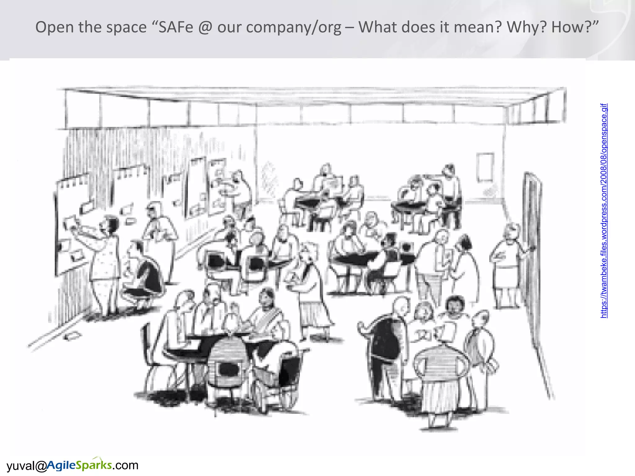 yuval@ .com
Open the space “SAFe @ our company/org – What does it mean? Why? How?”
https://twambeke.files.wordpress.com/2008/08/openspace.gif
 