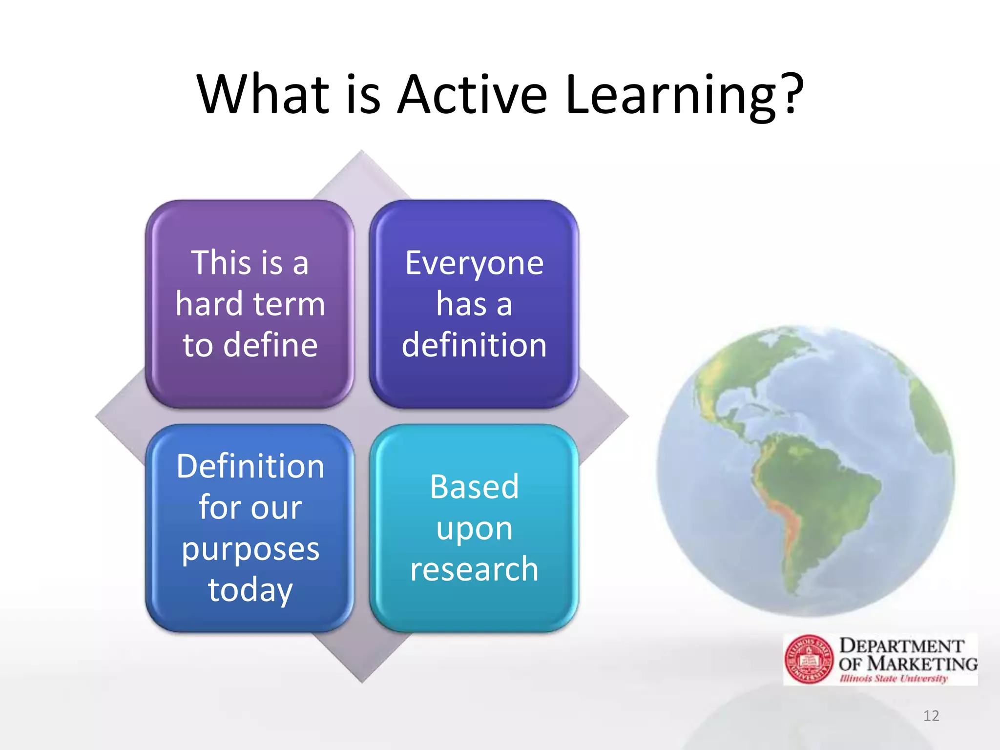 What is Active Learning?

 This is a   Everyone
hard term      has a
to define    definition


Definition
              Based
 for our
               upon
purposes
             research
  today


                            12
 