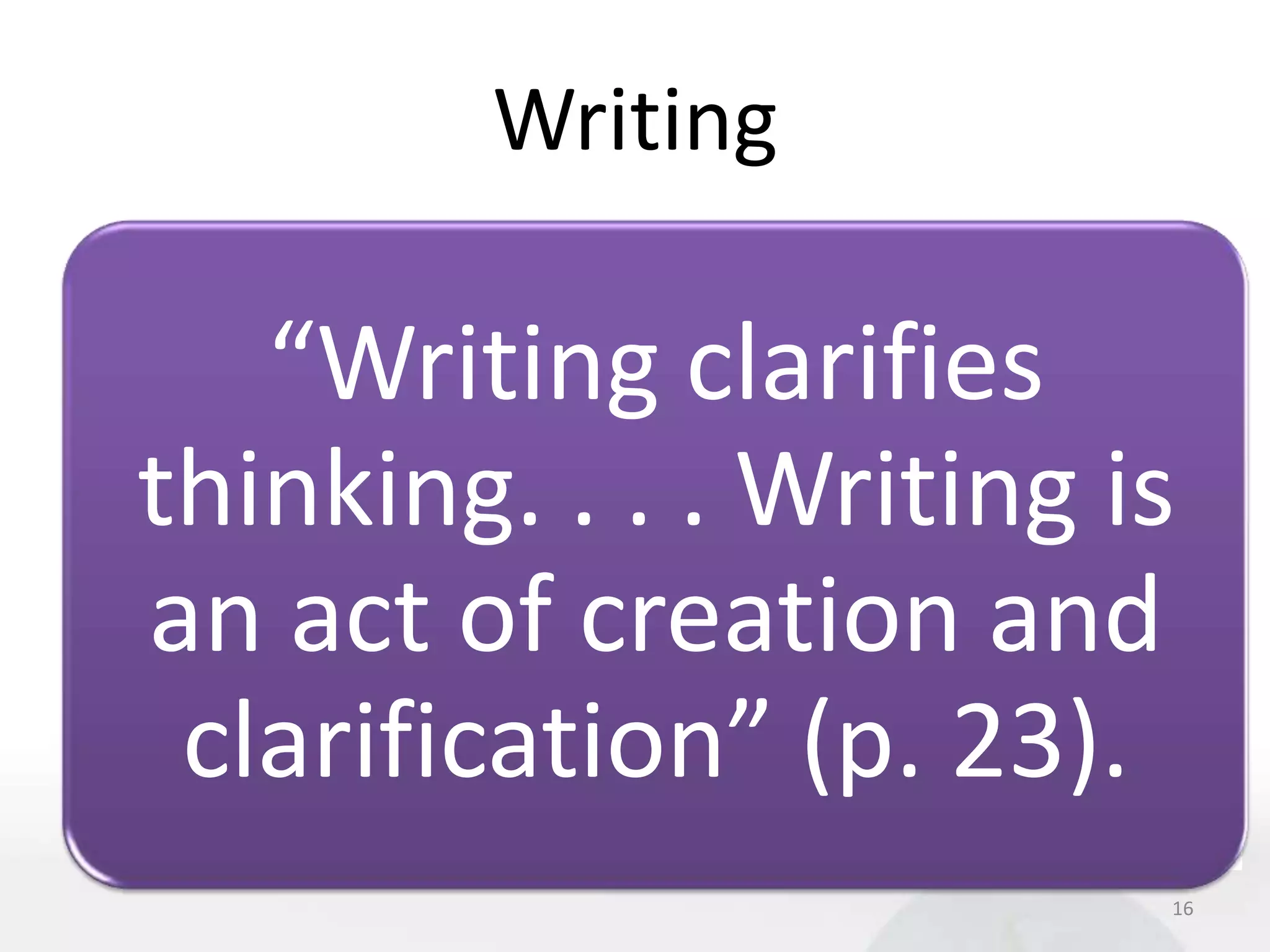 Writing

   “Writing clarifies
thinking. . . . Writing is
an act of creation and
 clarification” (p. 23).
                         16
 