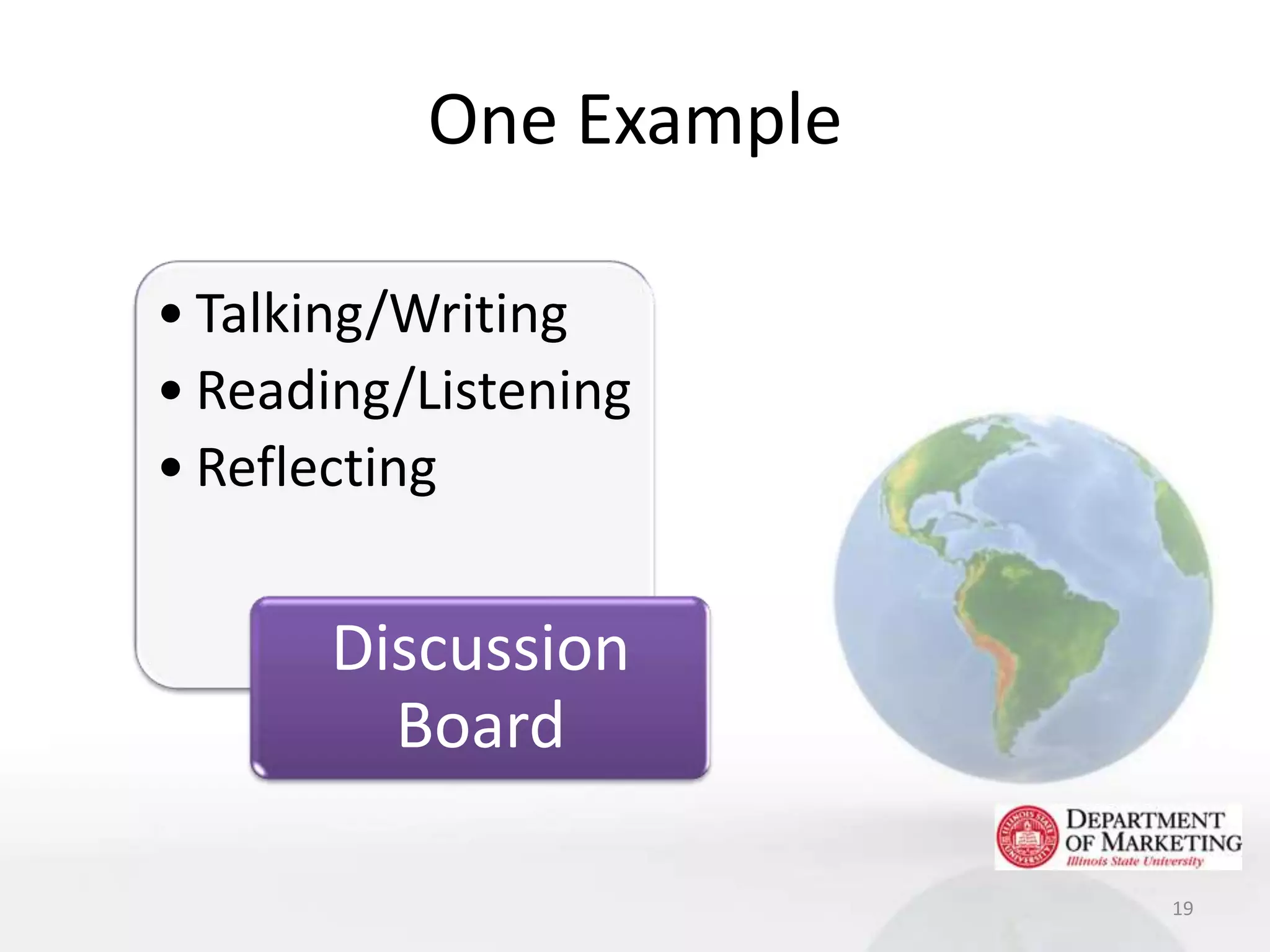 One Example

• Talking/Writing
• Reading/Listening
• Reflecting


      Discussion
        Board

                        19
 