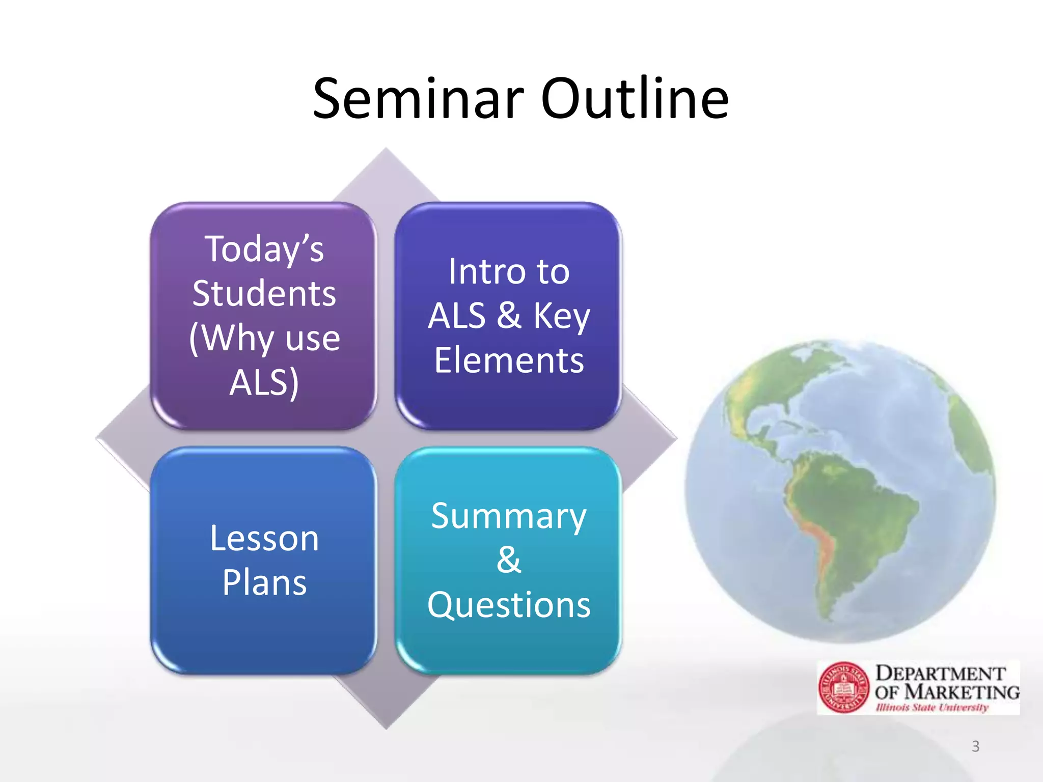 Seminar Outline

 Today’s
            Intro to
Students
           ALS & Key
(Why use
           Elements
  ALS)


           Summary
 Lesson
              &
  Plans
           Questions


                        3
 