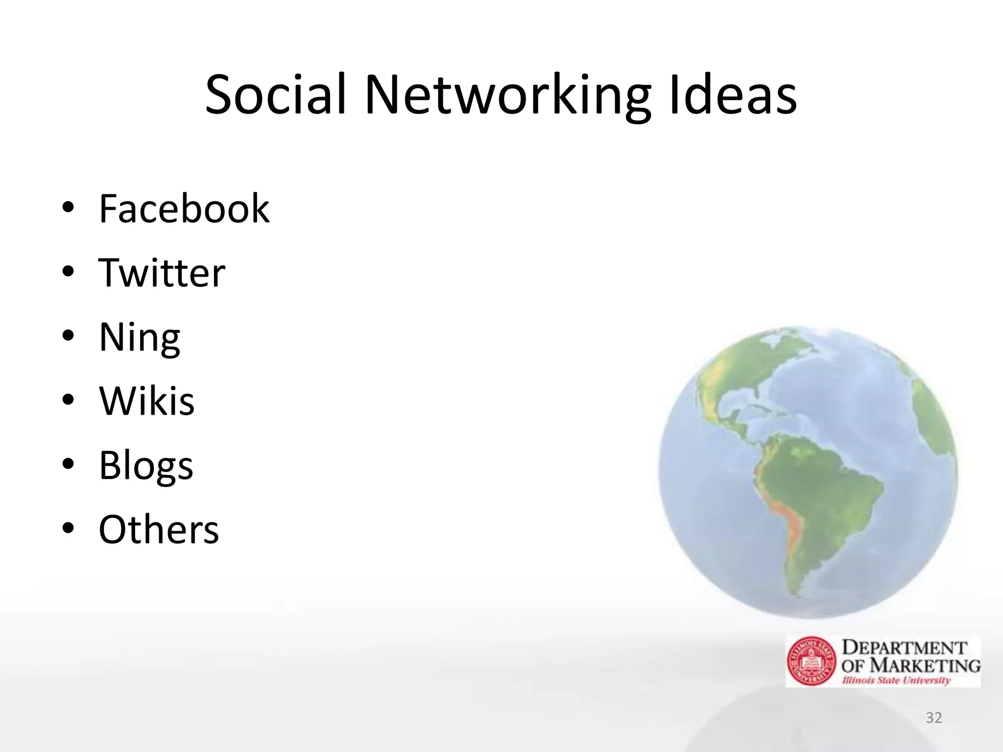 Social Networking Ideas
•   Facebook
•   Twitter
•   Ning
•   Wikis
•   Blogs
•   Others



                                  32
 