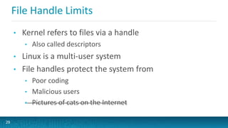 File Handle Limits
• Kernel refers to files via a handle
• Also called descriptors
• Linux is a multi-user system
• File handles protect the system from
• Poor coding
• Malicious users
• Pictures of cats on the Internet
29
 