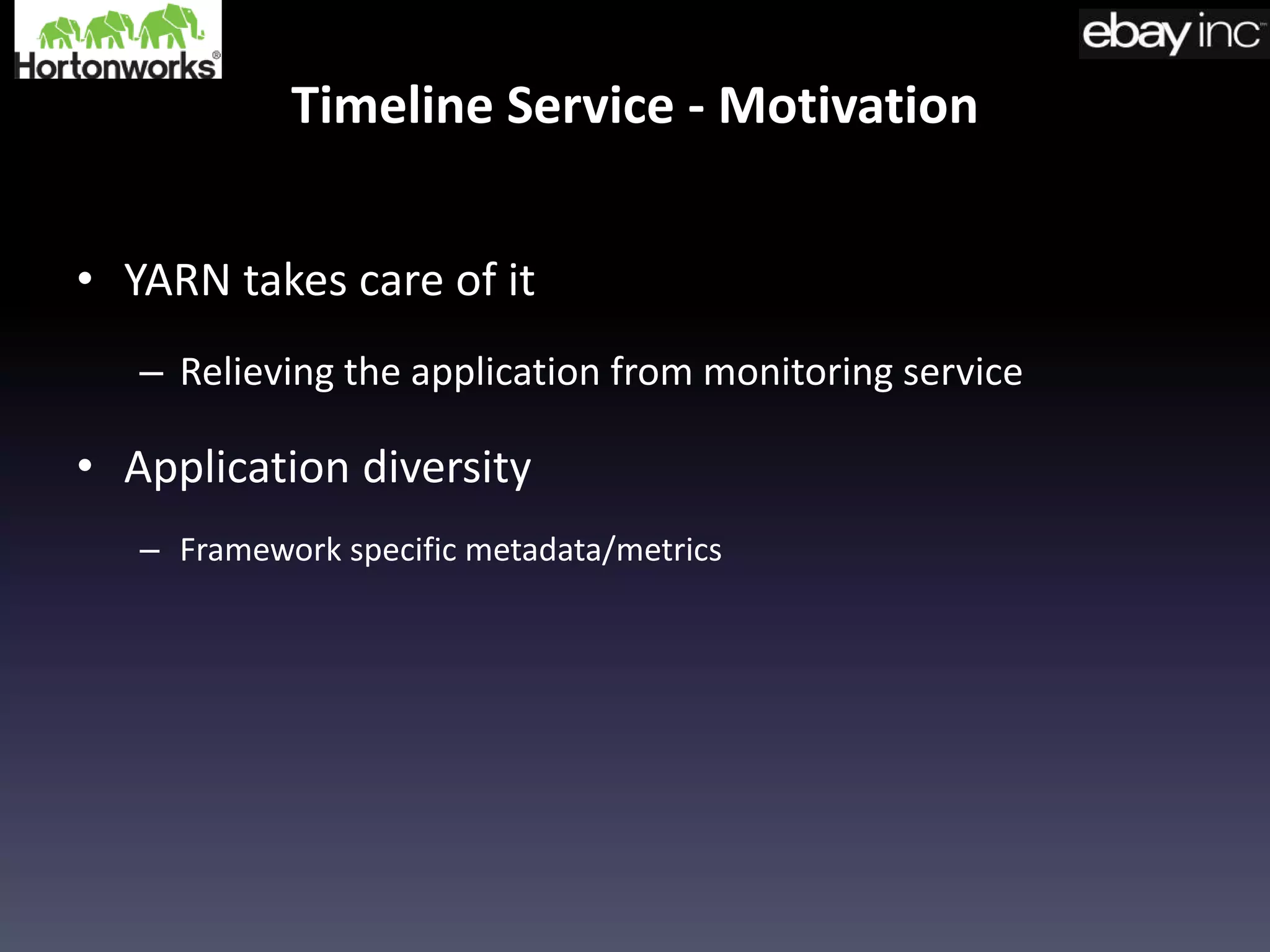 Timeline Service - Motivation
• YARN takes care of it
– Relieving the application from monitoring service
• Application diversity
– Framework specific metadata/metrics
 