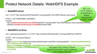 © Hortonworks Inc. 2014
Protect Network Details: WebHDFS Example
• WebHDFS direct
curl -i -X PUT 'http://localhost:50070/webhdfs/v1/user/guest/file1?op=CREATE&user.name=guest’
HTTP/1.1 307 TEMPORARY_REDIRECT
Location:
http://sandbox.hortonworks.com:50075/webhdfs/v1/user/guest/file1?op=CREATE&user.name=guest&namenoderp
caddress=sandbox.hortonworks.com:8020&overwrite=false
• WebHDFS via Knox
curl -u guest:guest-password -i -k -X PUT 'https://localhost:8443/webhdfs/v1/user/guest/file2?op=CREATE’
HTTP/1.1 307 Temporary Redirect
Location:
https://localhost:8443/gateway/sandbox/webhdfs/data/v1/webhdfs/v1/user/guest/file2?_=AAAACAAAABAAAACAg
UDT7-QQZlpkcm09lxrxI0Bgo9d-
Egghp_qxmd4pQsmm3zvYc3M_LrDBQpMBNA48DnMS9QOhyzywCMl1WAShyX4RUETPjEcZa6x9Jwz7TMANj
SRKMR6F3rKf93ME-VsI2Phe8CX72L6oiI778--8F9DQCO8LHFHzLL70iB13Hm2BLyj-x9p3tn7FOHxkbPl5d-
eHxVop7Dk
RPC and
HTTP address
of DataNode is
leaked
unnecessarily
to REST client
Encrypted query param contains
dispatch information used by gateway
when redirect followed
 