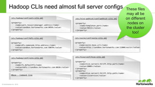 © Hortonworks Inc. 2014
Hadoop CLIs need almost full server configs
/etc/hive/conf/hive-site.xml
<property>
<name>hive.server2.thrift.http.port</name>
<value>10001</value>
</property>
<property>
<name>hive.server2.thrift.http.path</name>
<value>cliservice</value>
</property>
/etc/hadoop/conf/core-site.xml
<property>
<name>fs.defaultFS</name>
<value>hdfs://sandbox.hortonworks.com:8020</value>
</property>
/etc/hadoop/conf/hdfs-site.xml
<property>
<name>dfs.namenode.http-address</name>
<value>sandbox.hortonworks.com:50070</value>
</property>
/etc/hadoop/conf/yarn-site.xml
<property>
<name>yarn.resourcemanager.address</name>
<value>sandbox.hortonworks.com:8050</value>
</property>
/etc/hive-webhcat/conf/webhcat-site.xml
<property>
<name>templeton.port</name>
<value>50111</value>
</property>
/etc/oozie/conf/oozie-site.xml
<property>
<name>oozie.base.url</name>
<value>http://sandbox.hortonworks.com:11000/oozie</value>
</property>
HBase – Command line
These files
may all be
on different
nodes on
the cluster
too!
 