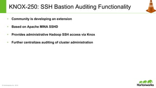 © Hortonworks Inc. 2014
KNOX-250: SSH Bastion Auditing Functionality
• Community is developing an extension
• Based on Apache MINA SSHD
• Provides administrative Hadoop SSH access via Knox
• Further centralizes auditing of cluster administration
 