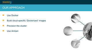 OUR APPROACH
 Use Docker
 Build cloud-specific ‘Dockerized’ images
 Provision the cluster
 Use Ambari
 
