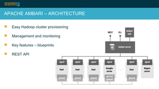 APACHE AMBARI – ARCHITECTURE
 Easy Hadoop cluster provisioning
 Management and monitoring
 Key features – blueprints
 REST API
 