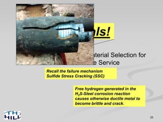 25
Fundamentals of Casing Material Selection for
Sour and Corrosive Service
Fundamentals!
Recall the failure mechanism
Sulfide Stress Cracking (SSC)
Free hydrogen generated in the
H2S-Steel corrosion reaction
causes otherwise ductile metal to
become brittle and crack.
 